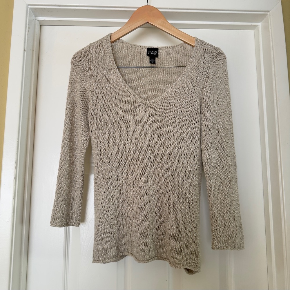 Eileen Fisher Knit Linen V-Neck Pullover - Taupe Size S
